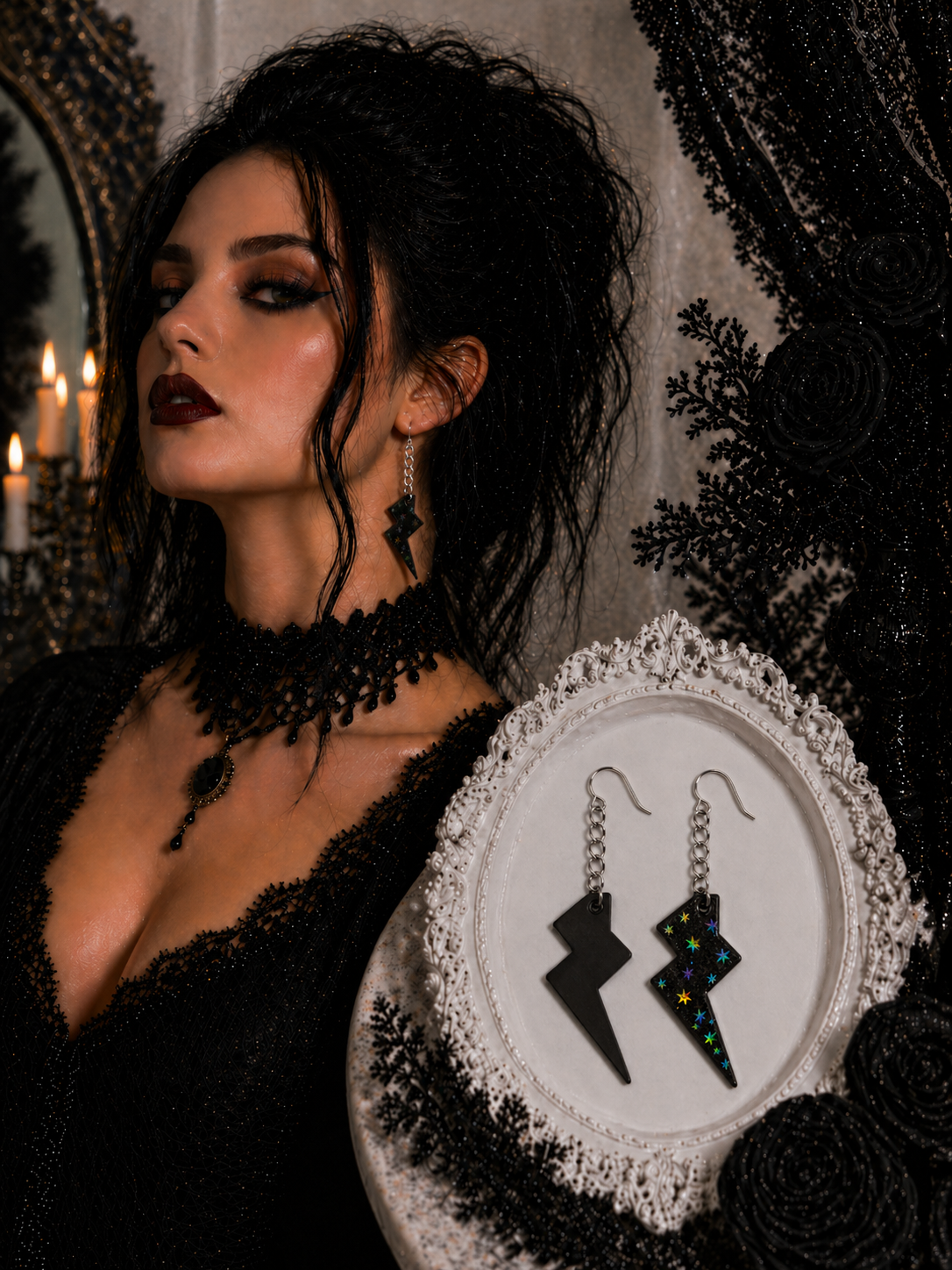 Lightning Bolt Earrings – Black with Holographic Star Print