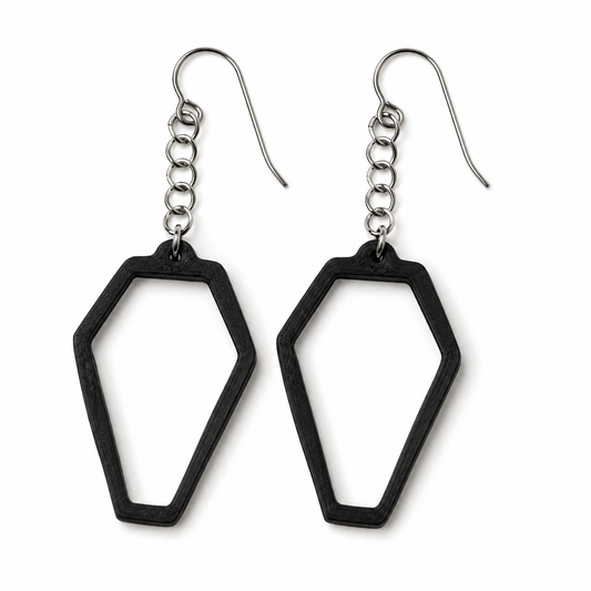 Coffin Earrings – Black with Holographic Star Print