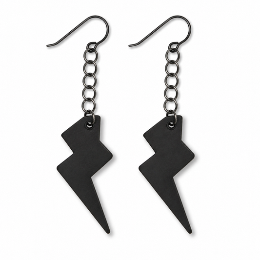 Lightning Bolt Earrings – Black with Holographic Star Print