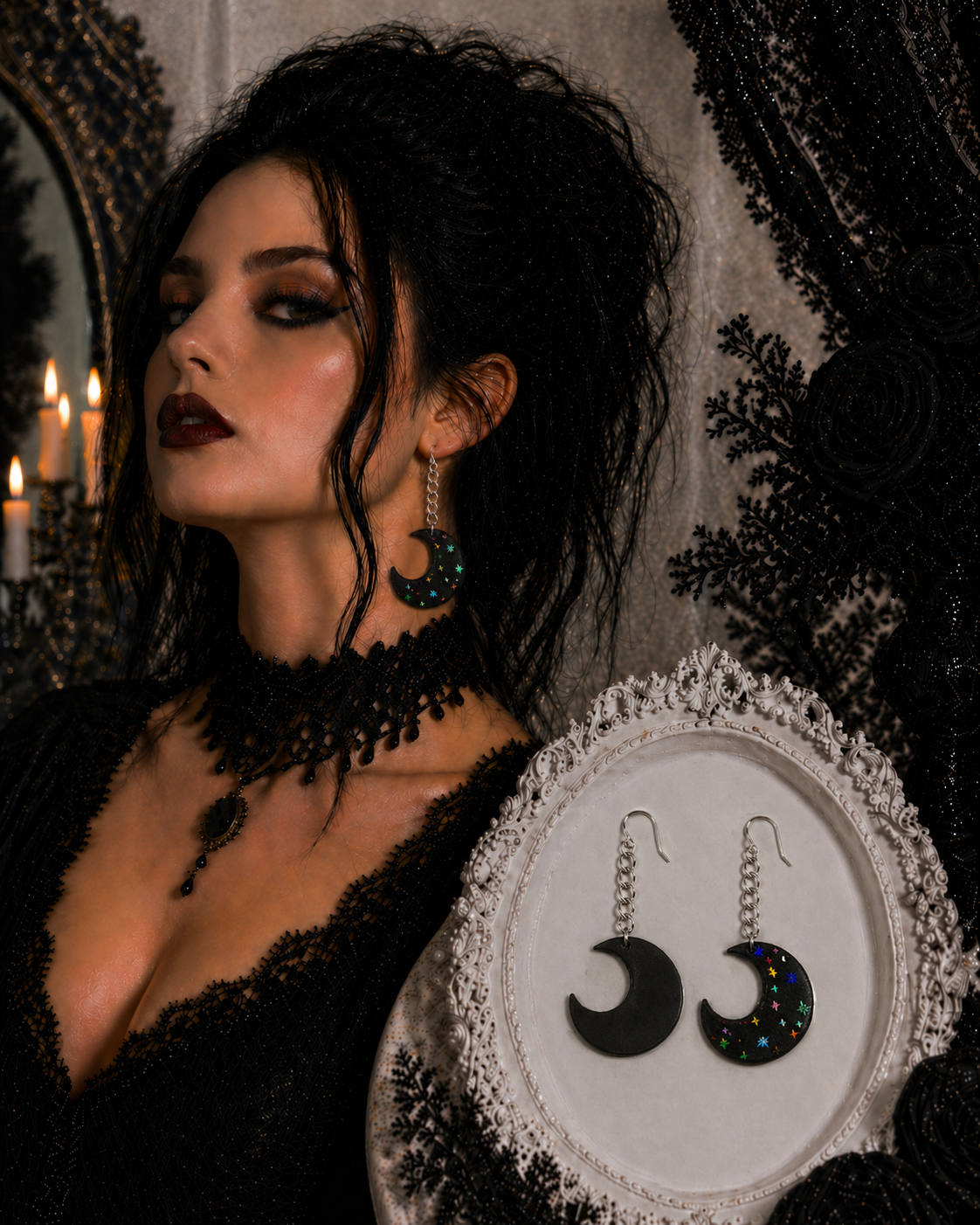 Crescent Moon Earrings – Black with Holographic Star Print