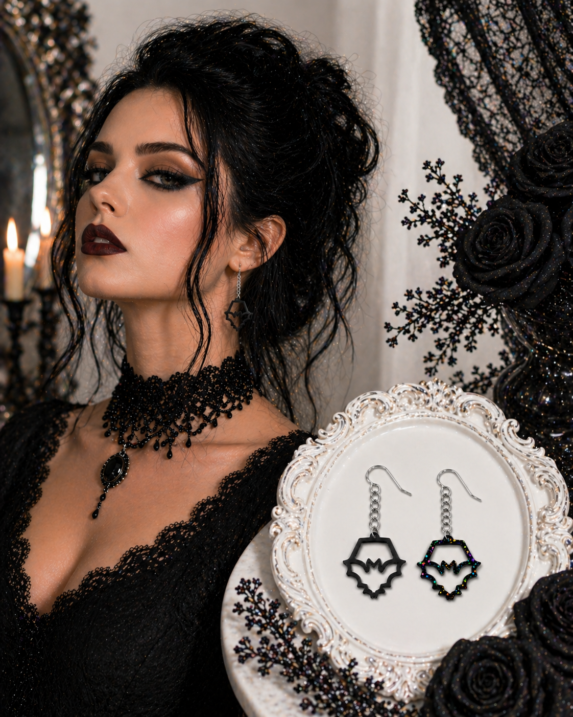 Bat Earrings – Black with Holographic Star Print