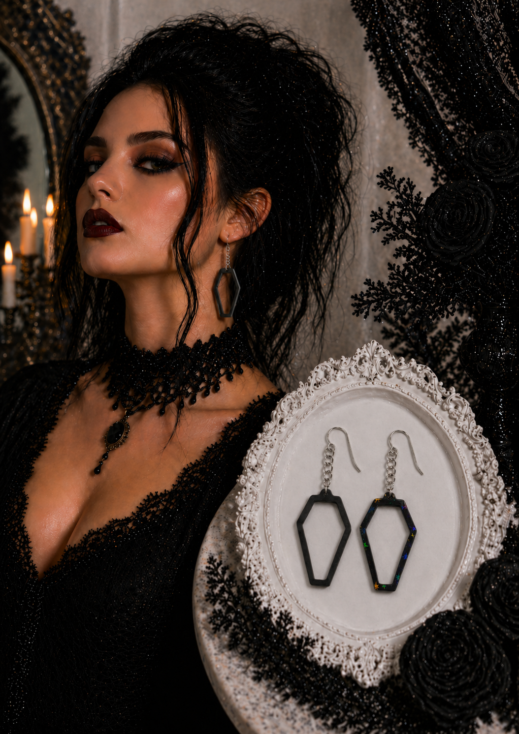 Coffin Earrings – Black with Holographic Star Print
