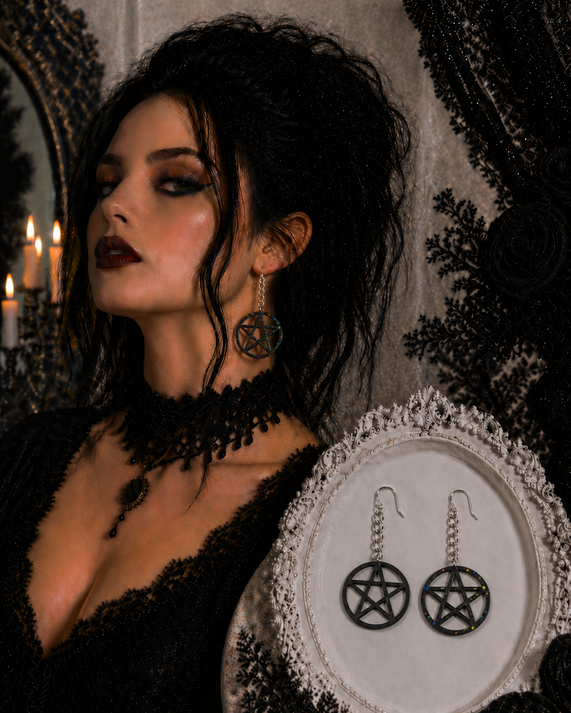 Pentagram Earrings – Black with Holographic Star Print