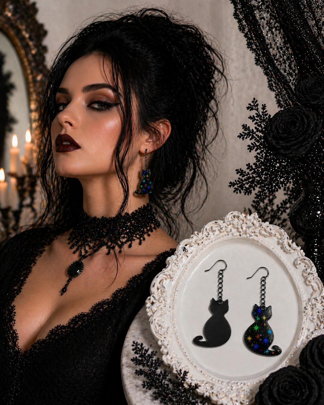 Cat Earrings – Black with Holographic Star Print