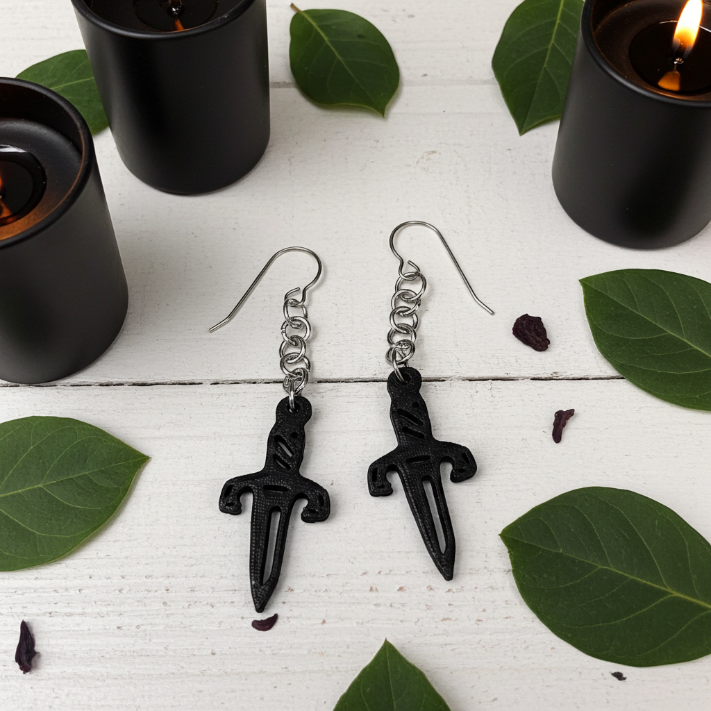 Hypoallergenic Titanium Dangle Dagger Earrings with Holographic Print