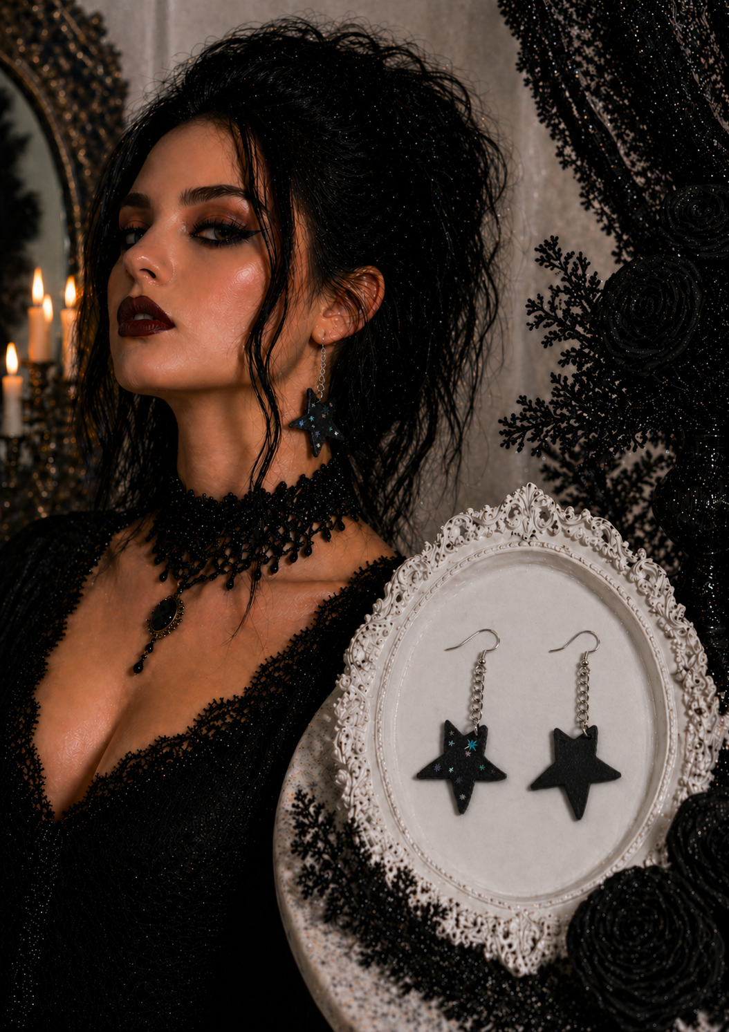 Star Earrings – Black with Holographic Star Print