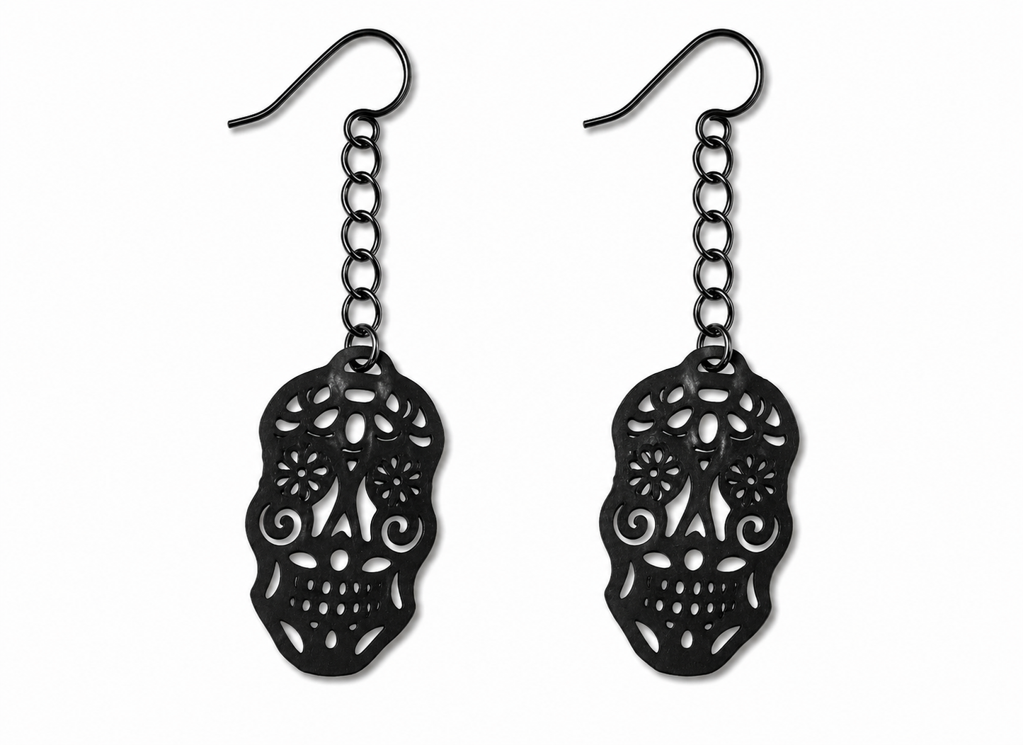 Sugar Skull Earrings – Black with Holographic Star Print