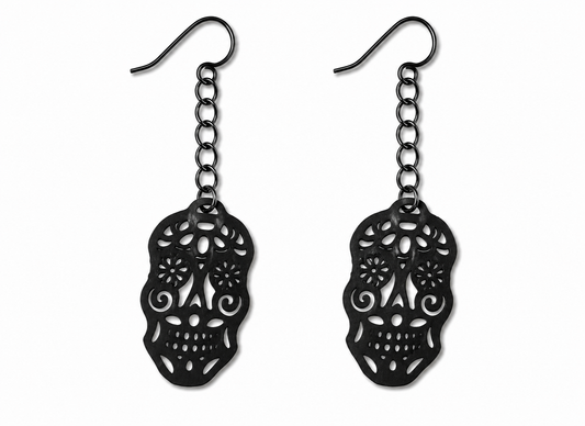 Sugar Skull Earrings – Black with Holographic Star Print