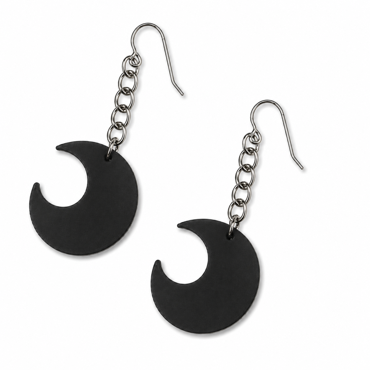 Crescent Moon Earrings – Black with Holographic Star Print