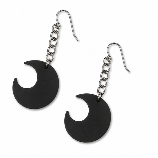 Crescent Moon Earrings – Black with Holographic Star Print