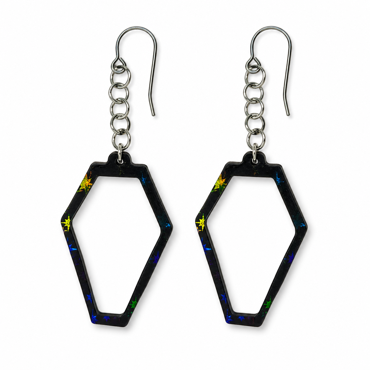 Coffin Earrings – Black with Holographic Star Print