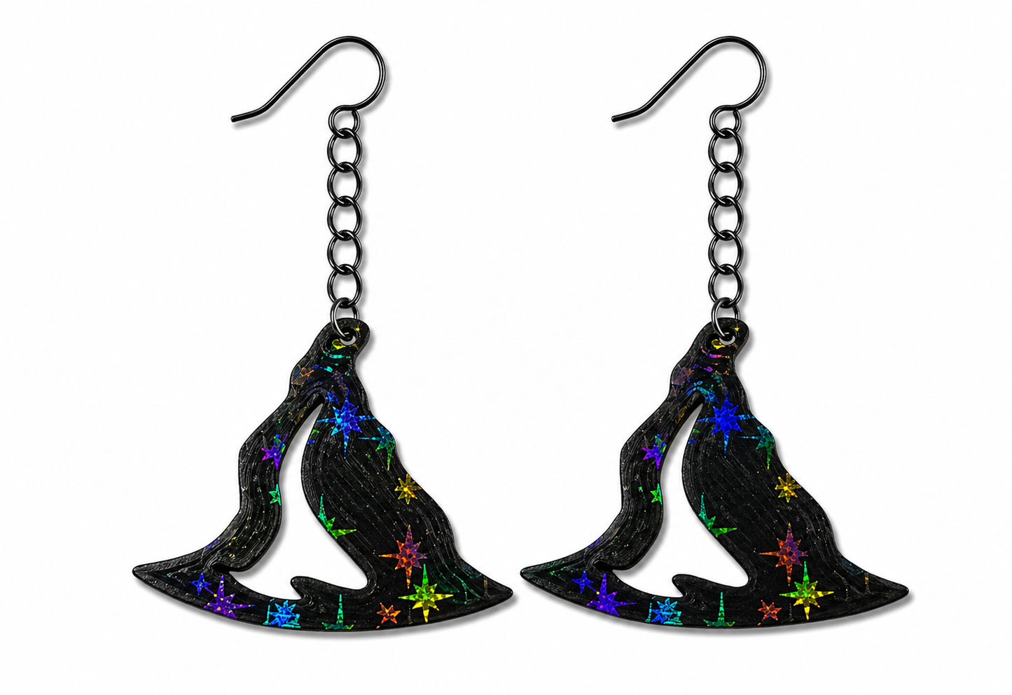Witch Hat Earrings – Black with Holographic Star Print