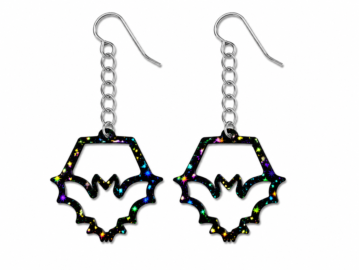 Bat Earrings – Black with Holographic Star Print