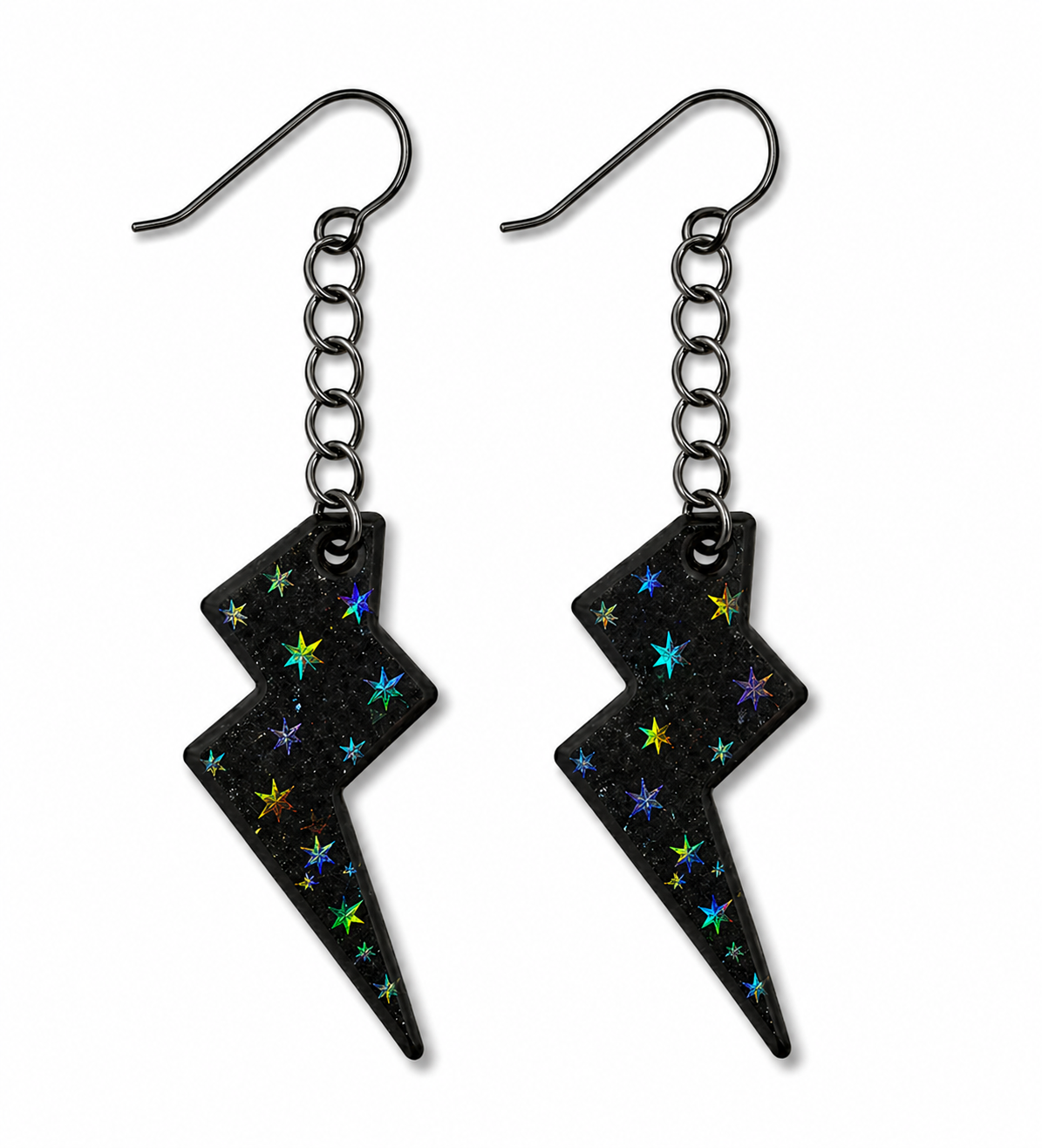 Lightning Bolt Earrings – Black with Holographic Star Print