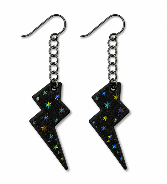 Lightning Bolt Earrings – Black with Holographic Star Print