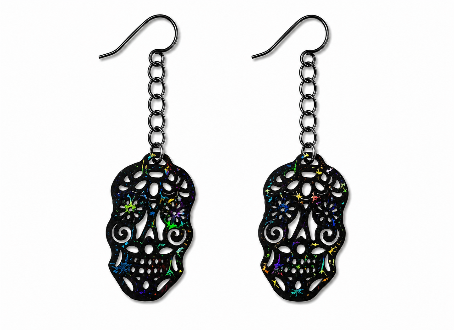 Sugar Skull Earrings – Black with Holographic Star Print