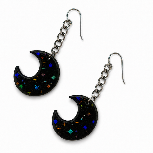 Crescent Moon Earrings – Black with Holographic Star Print