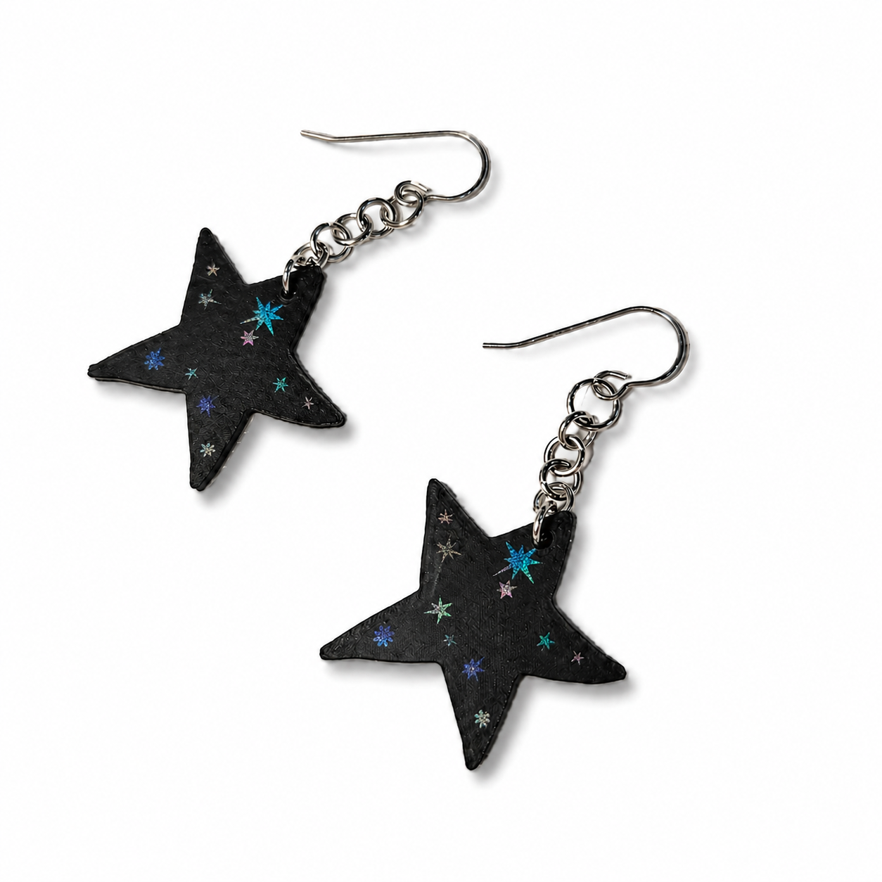 Star Earrings – Black with Holographic Star Print
