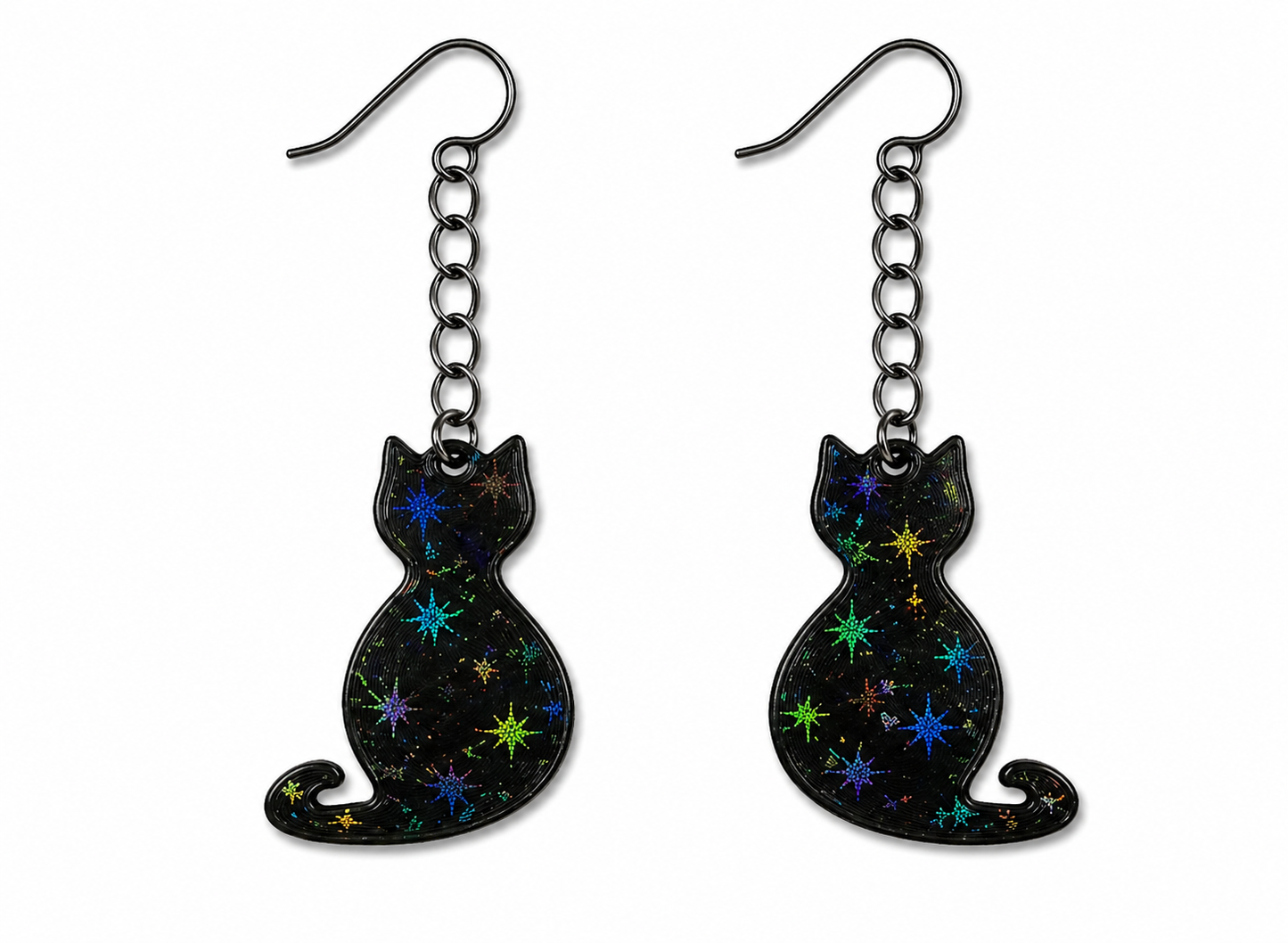 Cat Earrings – Black with Holographic Star Print