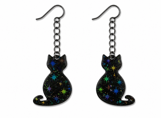 Cat Earrings – Black with Holographic Star Print