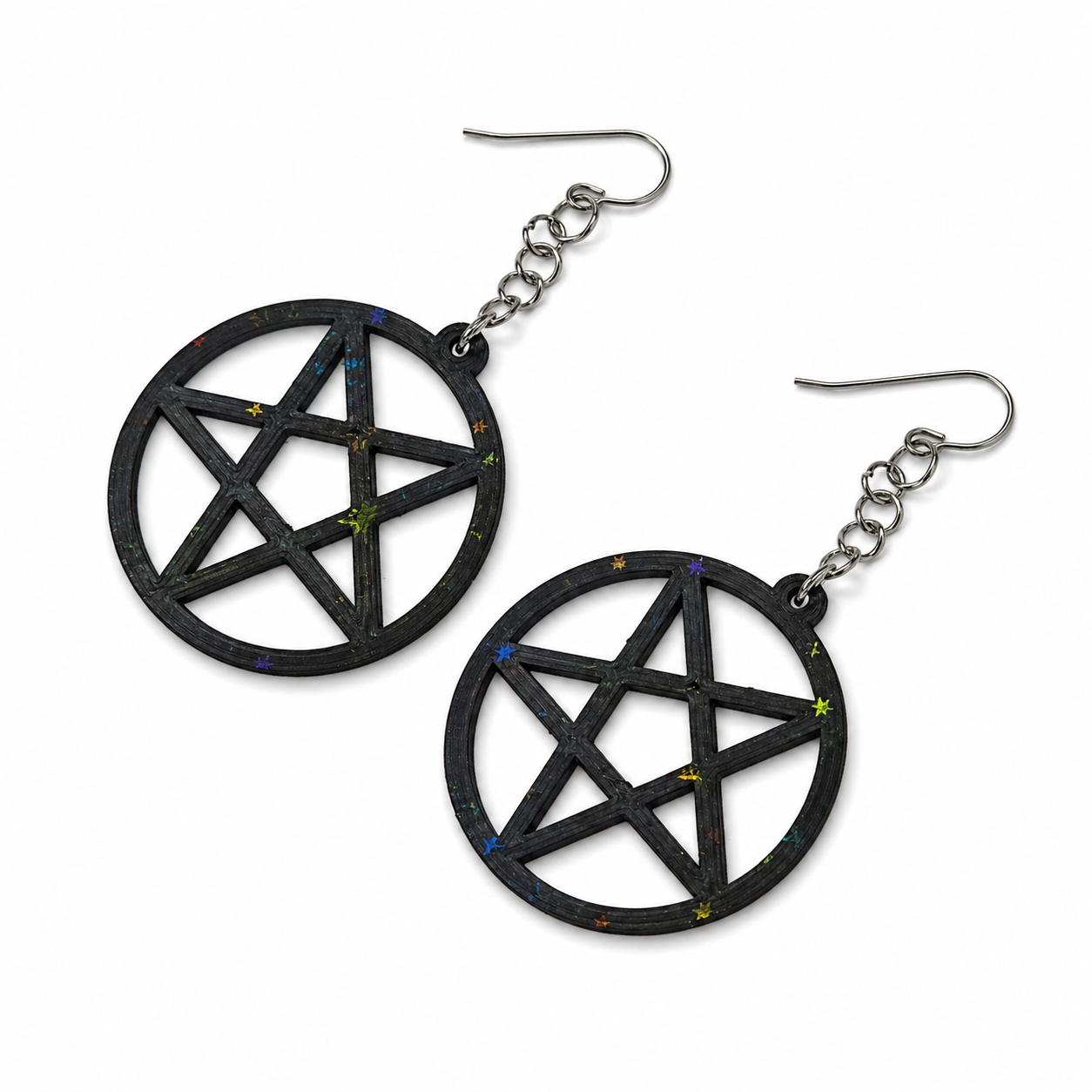 Pentagram Earrings – Black with Holographic Star Print