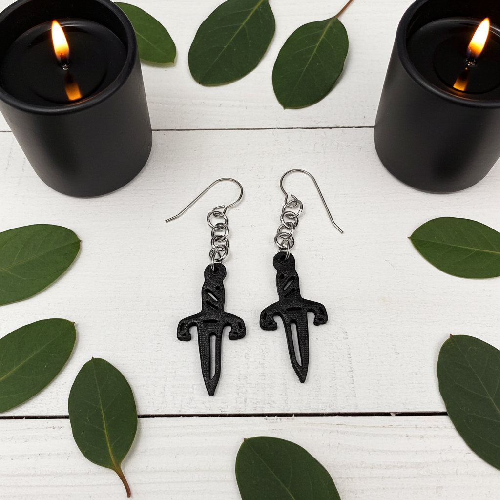 Hypoallergenic Titanium Dangle Dagger Earrings with Holographic Print