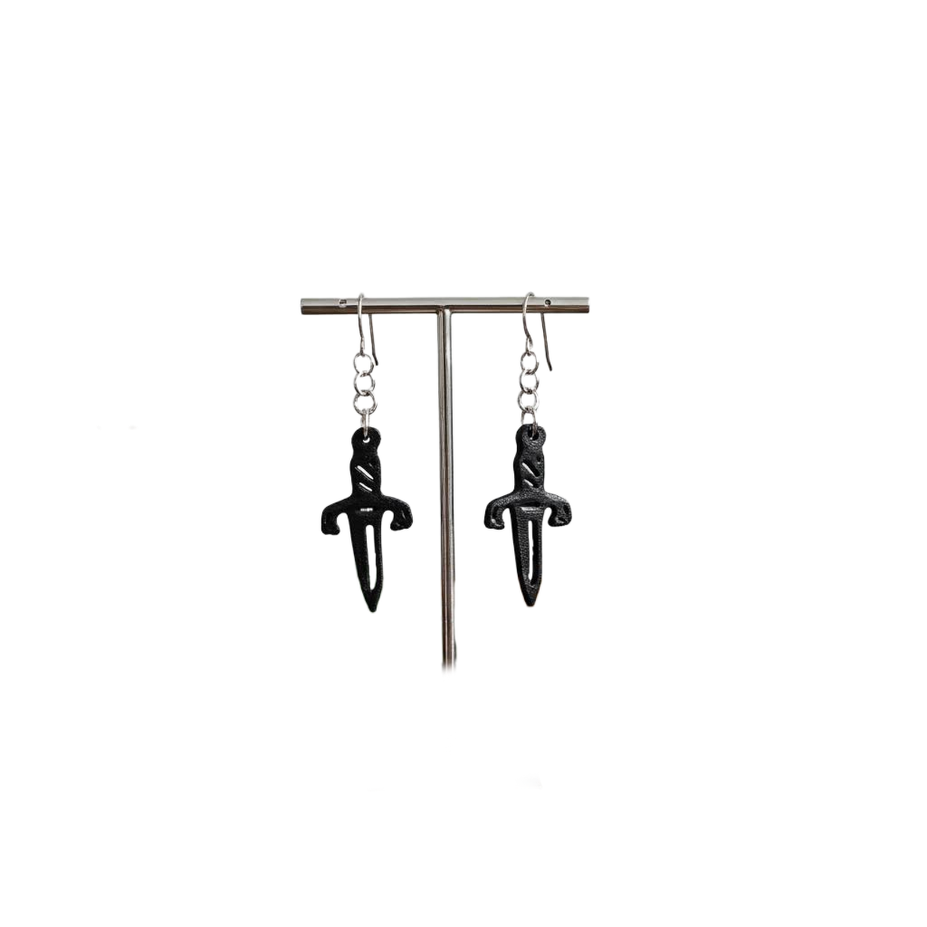 Hypoallergenic Titanium Dangle Dagger Earrings with Holographic Print