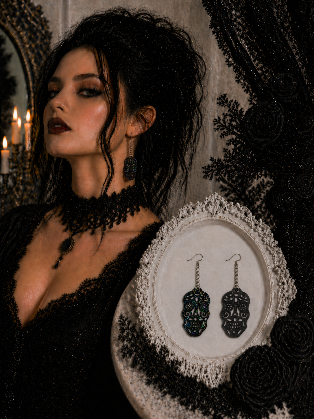 Sugar Skull Earrings – Black with Holographic Star Print