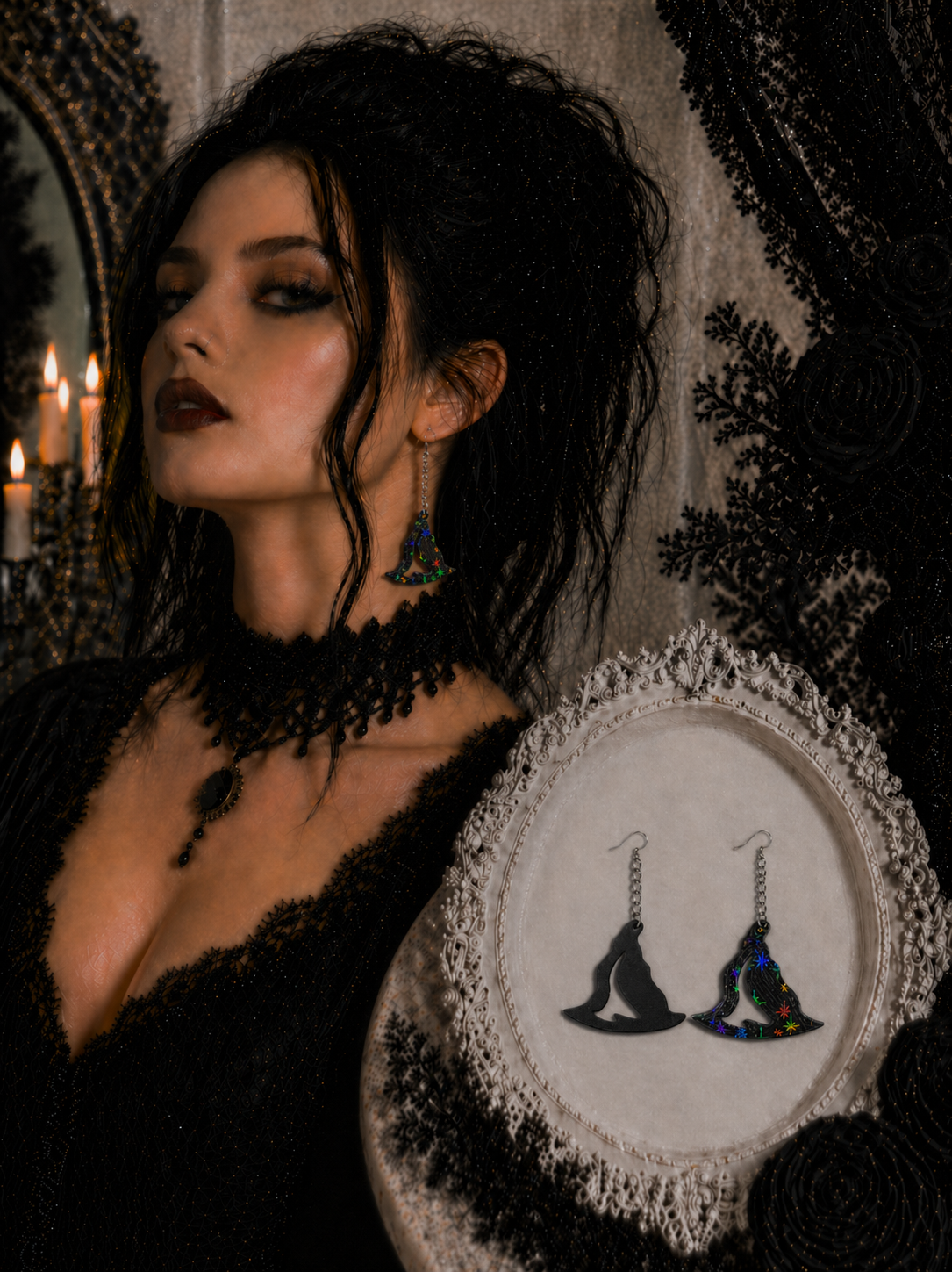 Witch Hat Earrings – Black with Holographic Star Print