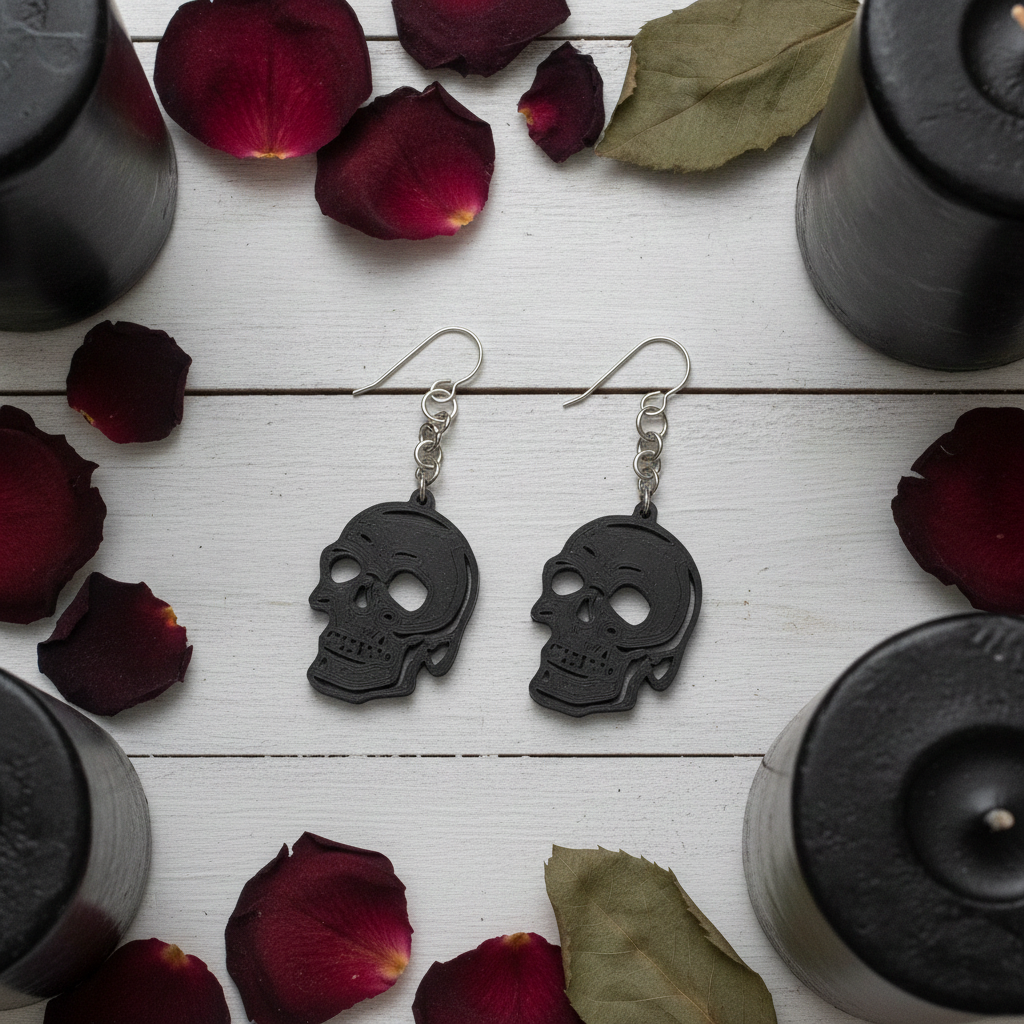 Hypoallergenic Titanium Goth Dangle Skull Earrings with Holographic Print
